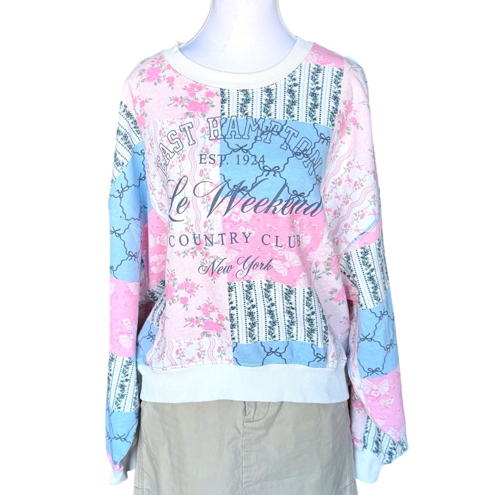 Coquette Floral Bow Sweatshirt Preppy Patchwork Vinyl Icons East Hampton Large